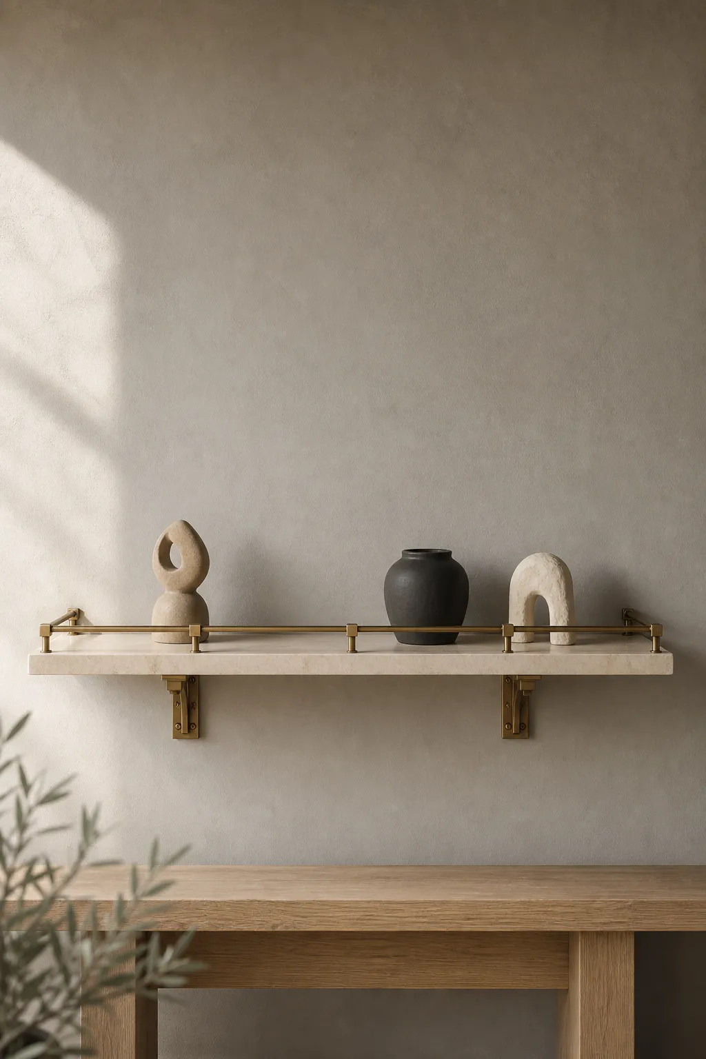 Airy marble gallery shelf with sparse artwork and elegant decorative accents
