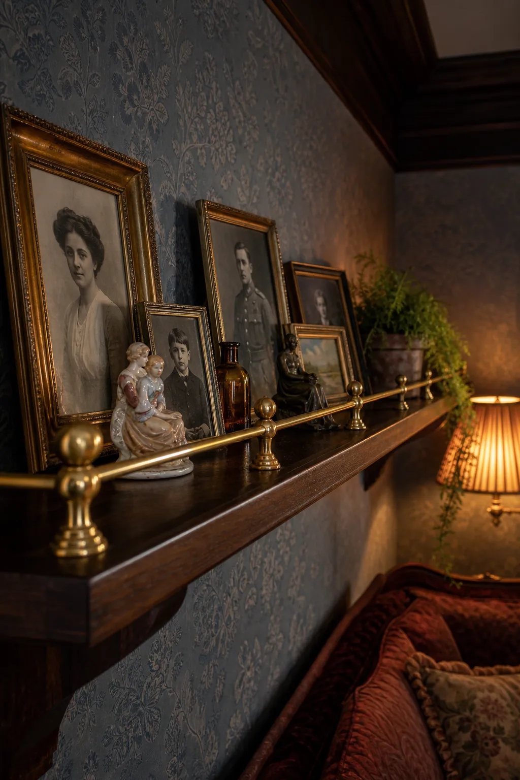 Heritage-style shelf displaying framed artwork, books, ceramics, and collected treasures