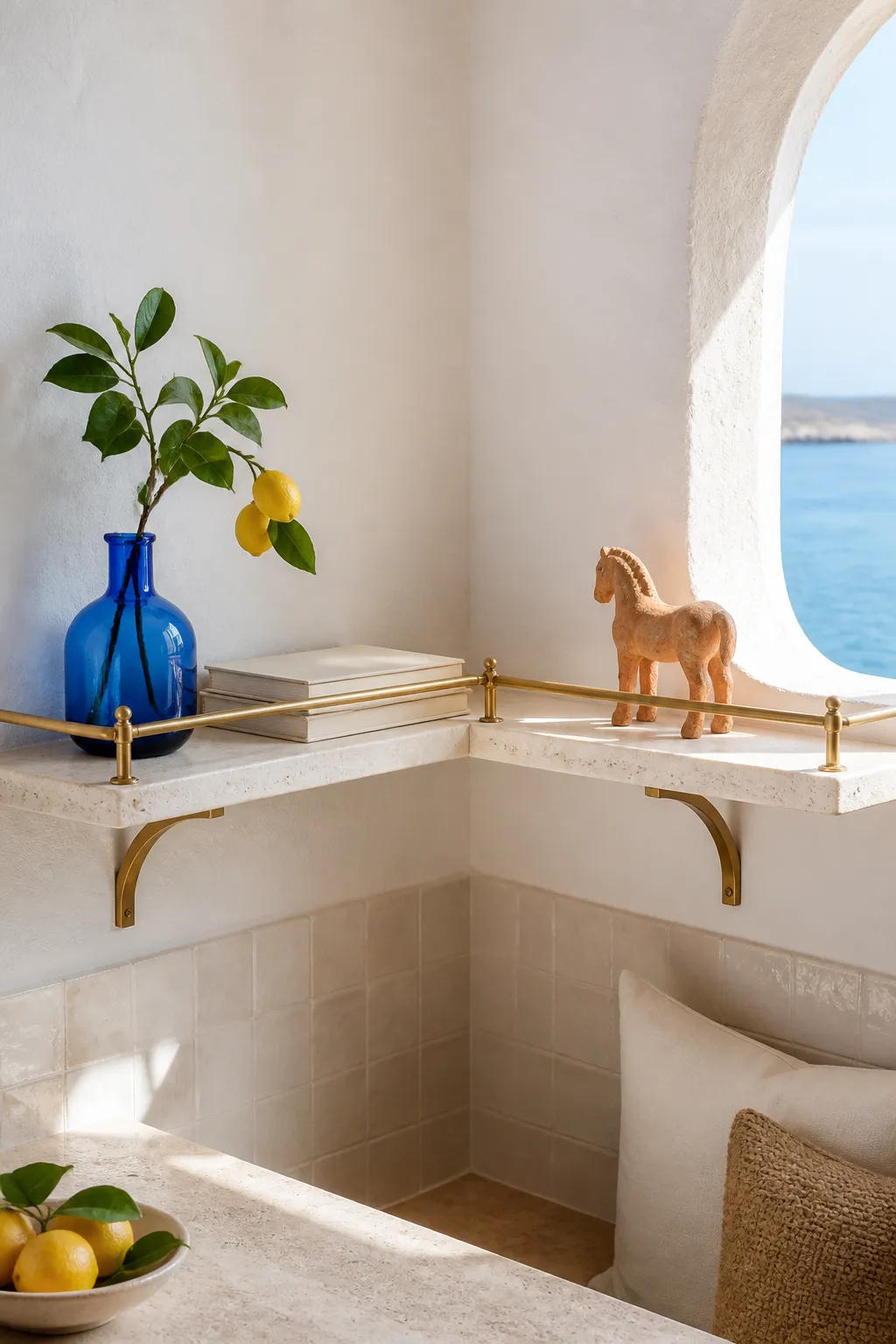 Brass-railed display shelf bringing artwork and warmth to an empty room corner