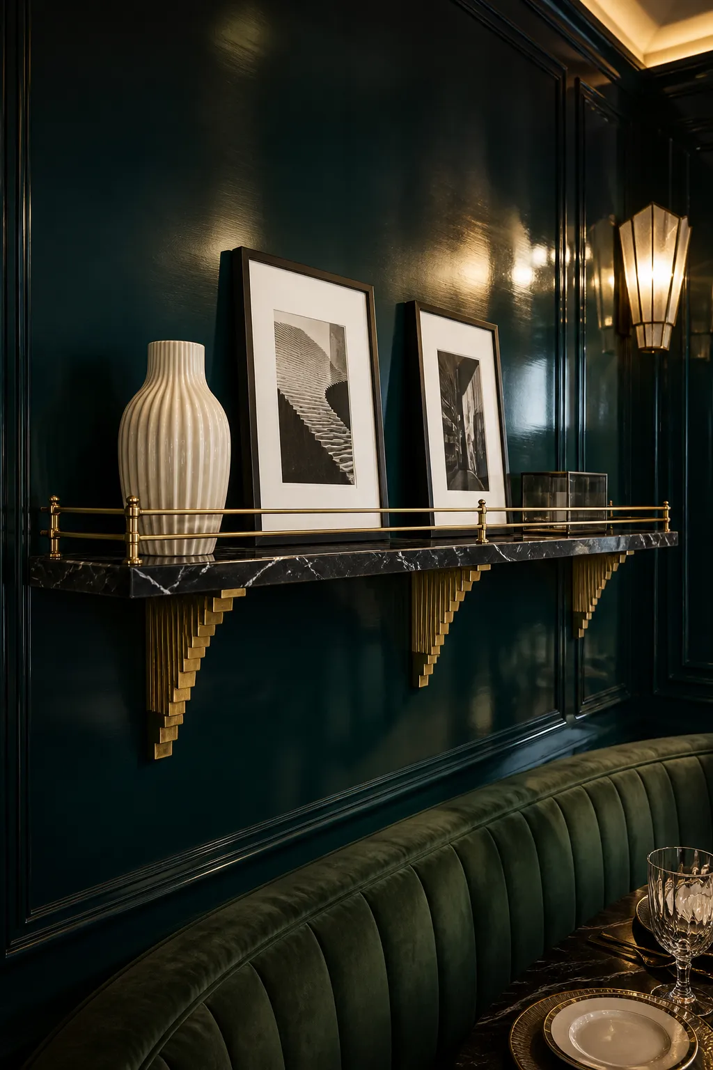 Dark-toned Art Deco gallery wall with brass rails and geometric framed artwork