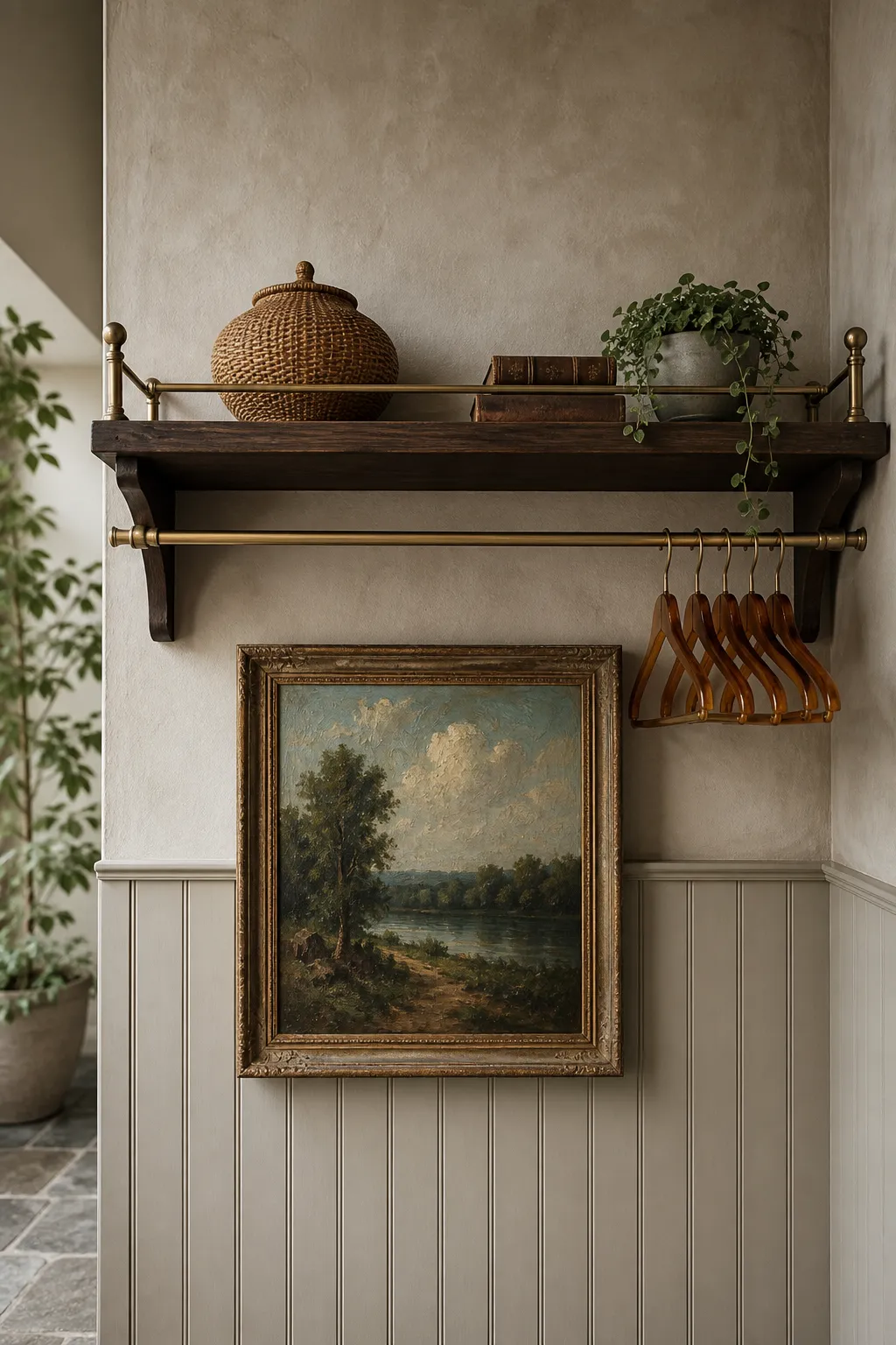 Gallery shelf with a brass hanging rod used for practical storage below