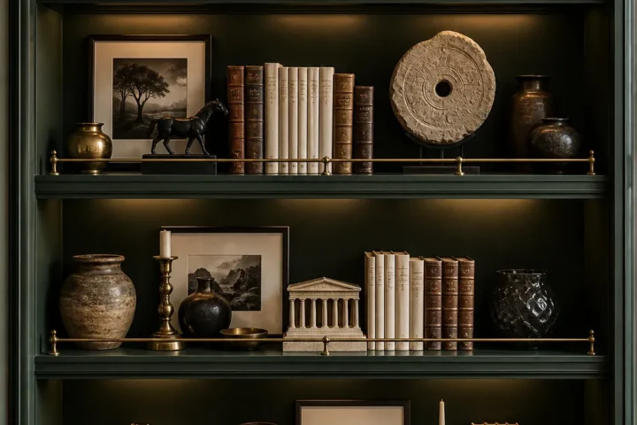 Floor-to-ceiling wall display composed of stacked gallery rail shelves and artwork