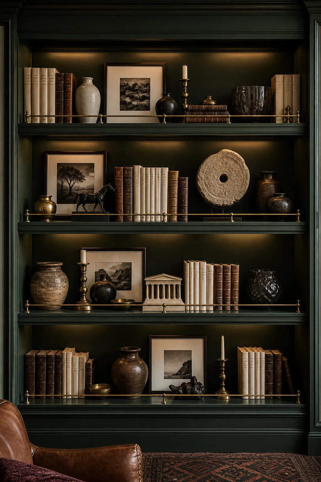 Floor-to-ceiling wall display composed of stacked gallery rail shelves and artwork
