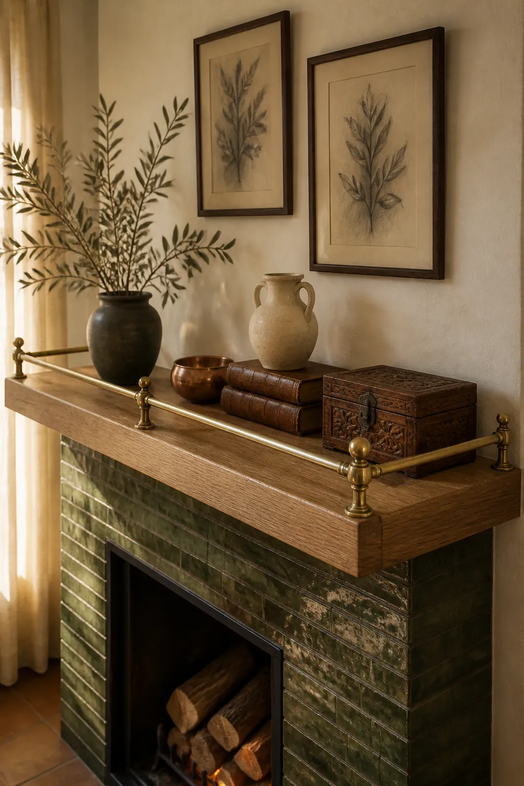 Fireplace framed by vintage paintings, ceramics, and decorative objects on gallery shelves