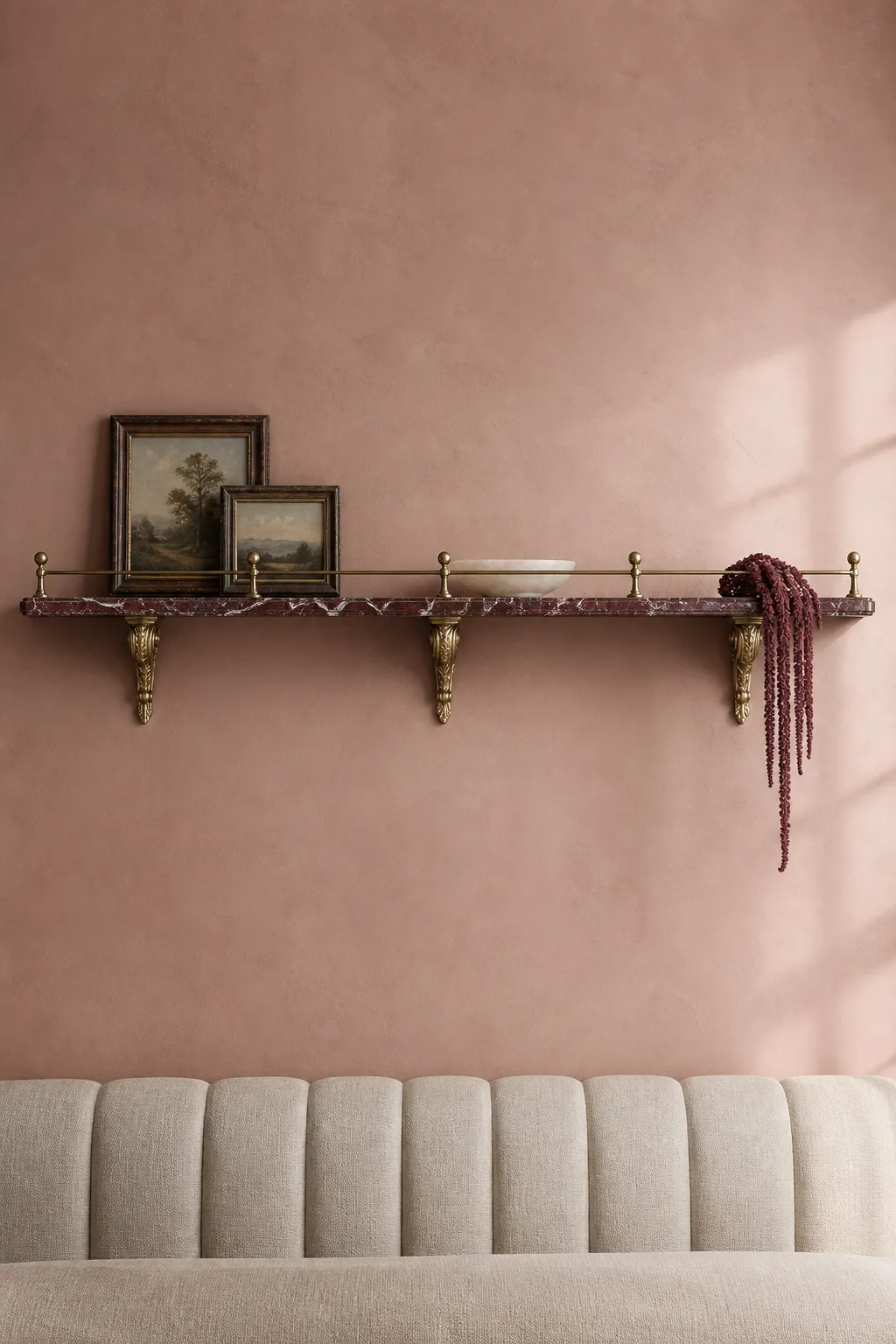 Romantic bedroom styled with a marble shelf, brass rail, artwork, and delicate objects