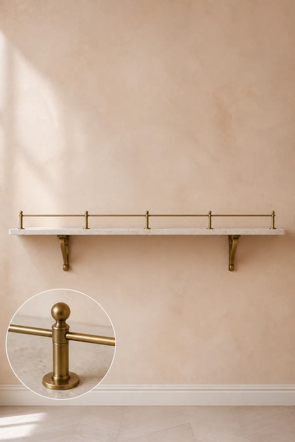 Minimal marble shelf finished with slim brass hardware and carefully arranged decor