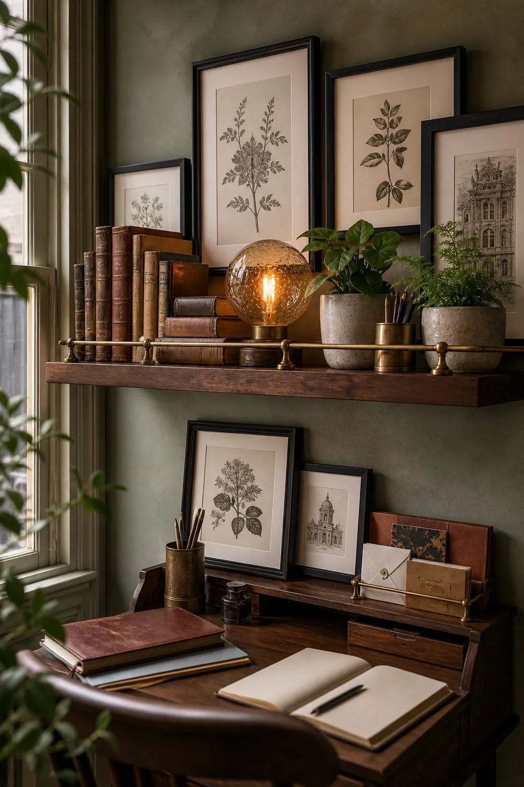 Cozy home office with books and scholarly objects arranged on a display shelf