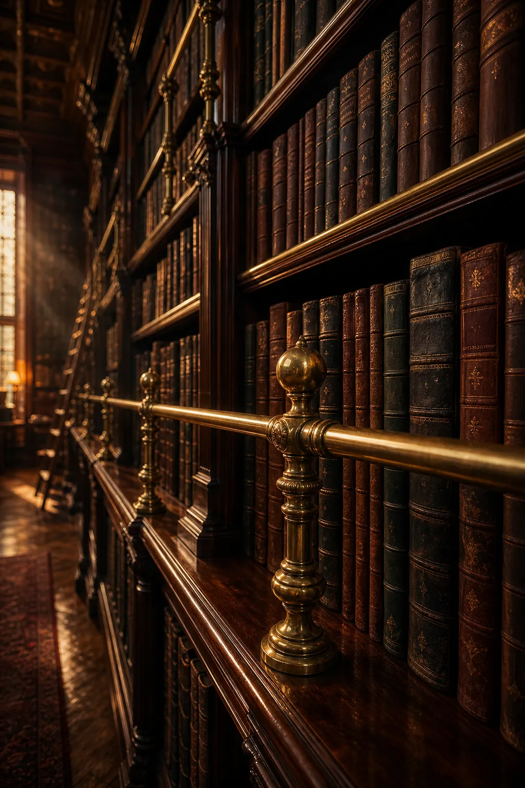 Dark academia shelves styled with old books, framed portraits, and warm brass accents