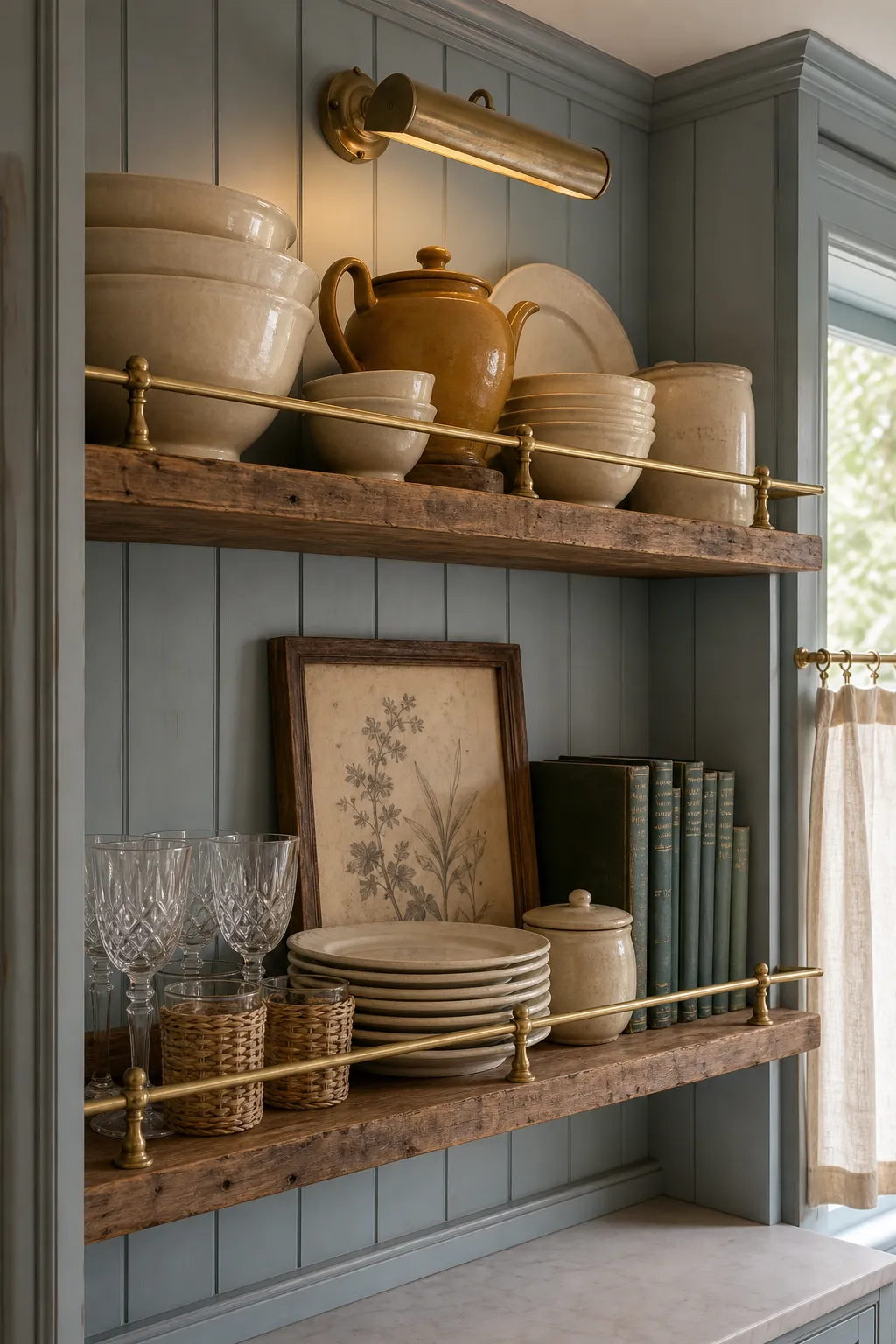 Cottage kitchen rail shelf displaying everyday plates, bowls, cups, and pitchers
