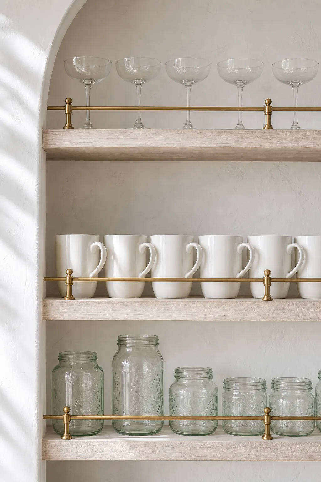 Bright white pantry with organized jars and provisions on elevated open shelves