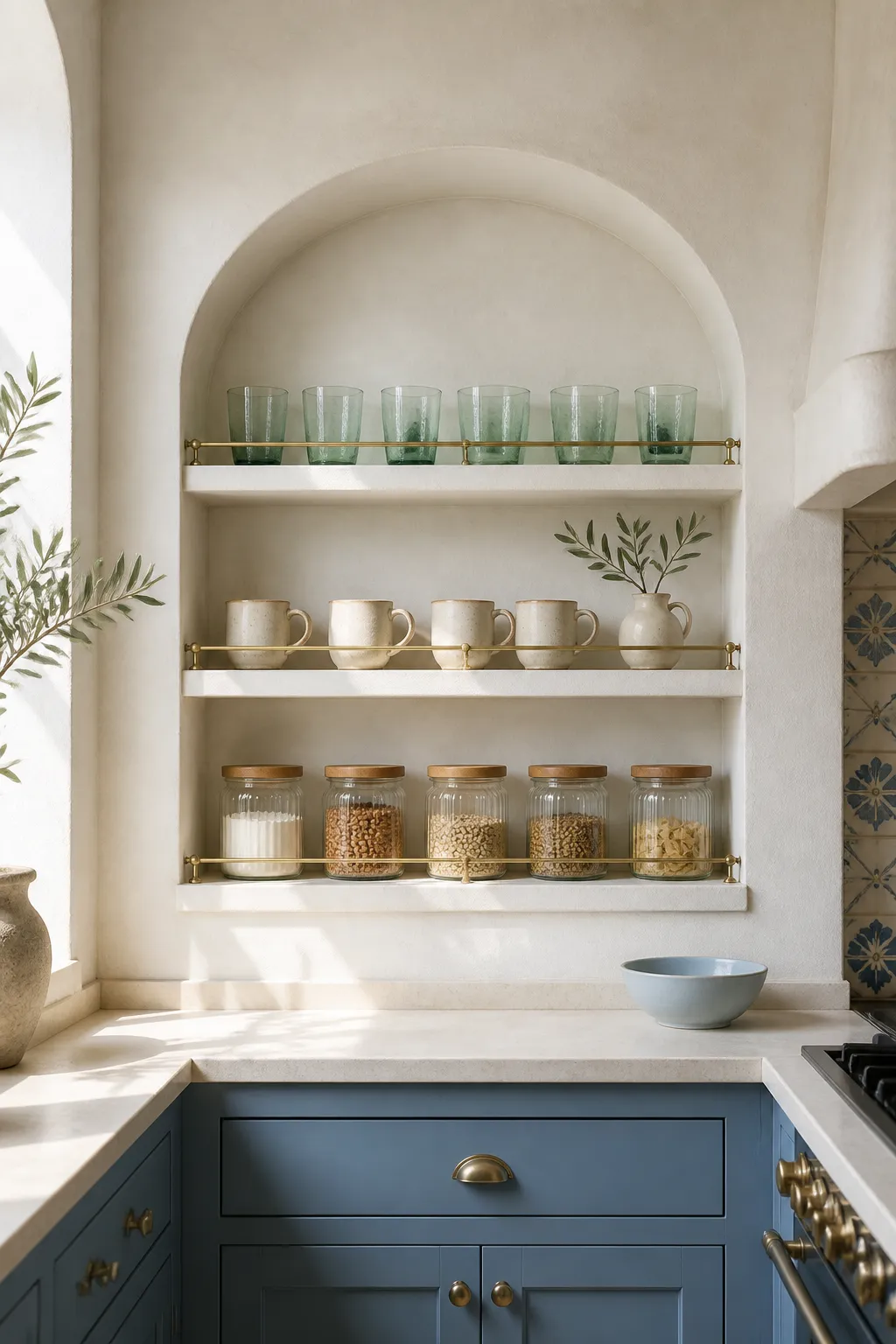 Bright recessed kitchen shelf neatly styled with dishes and useful accessories