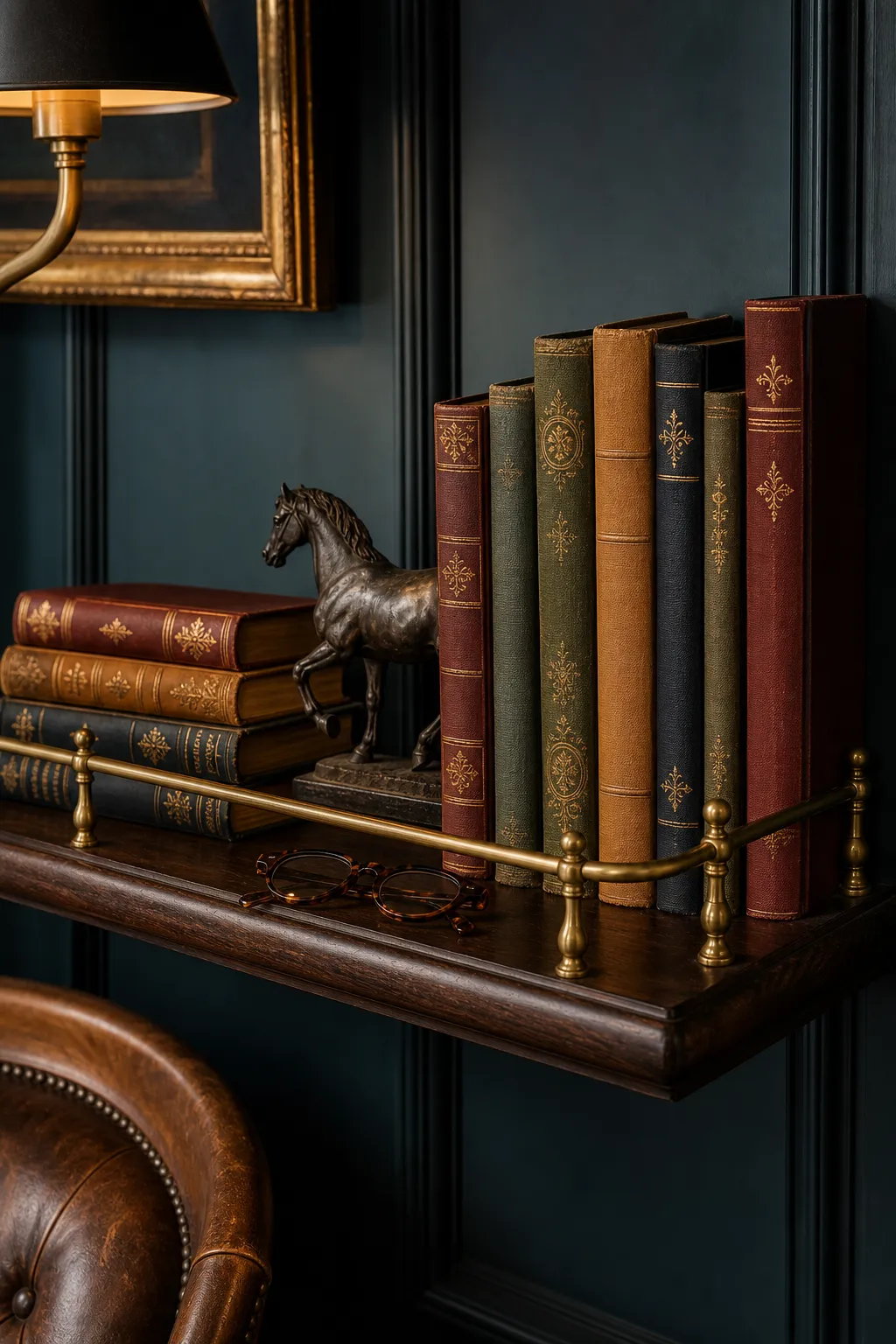Vintage library shelf arranged with classic books, framed art, and small antiques