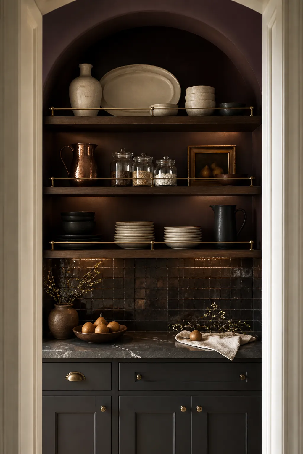 Moody butler's pantry with dark cabinetry and brass-railed shelves