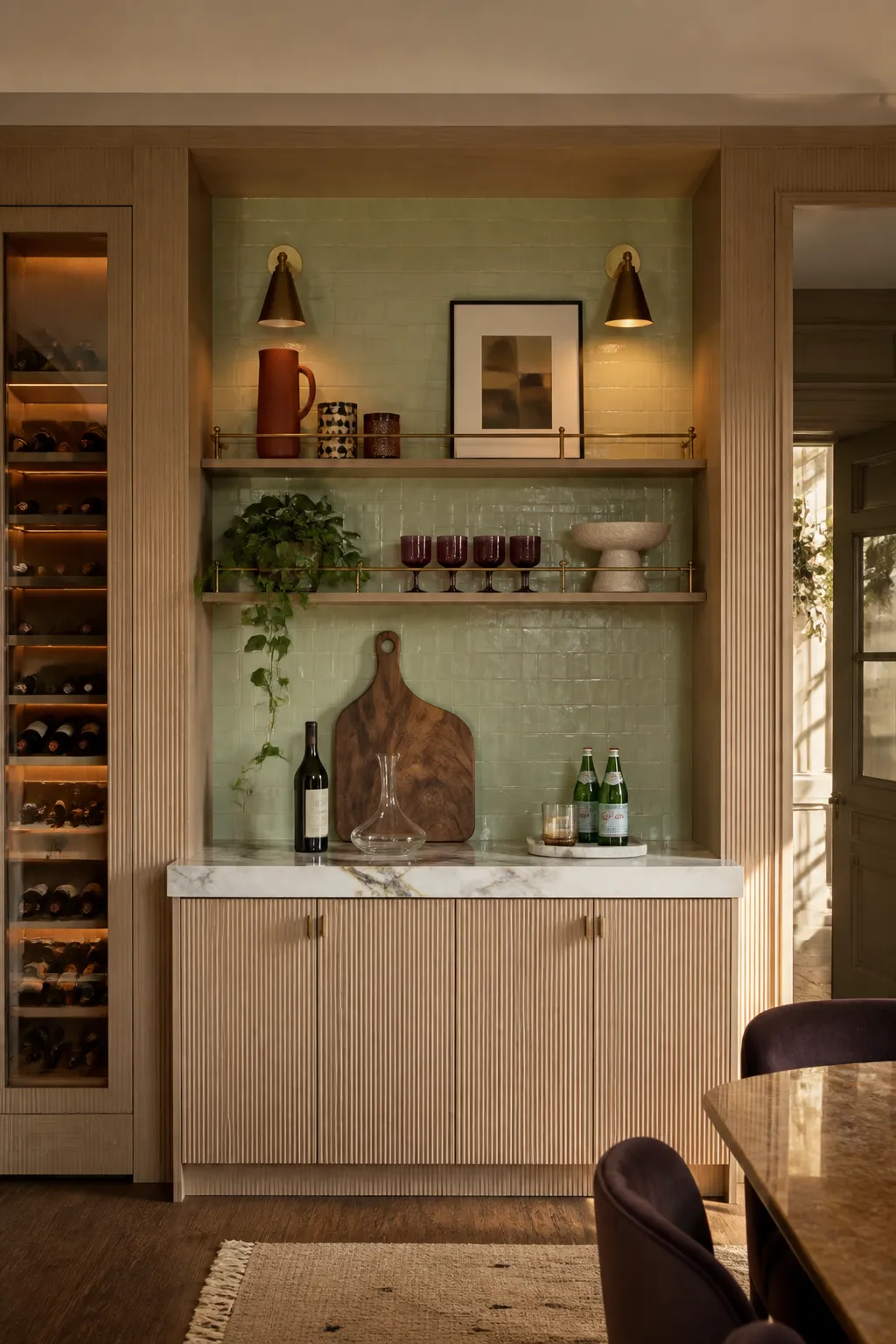 Oak wall shelf styled as a beverage bar with bottles, glasses, and bar accessories
