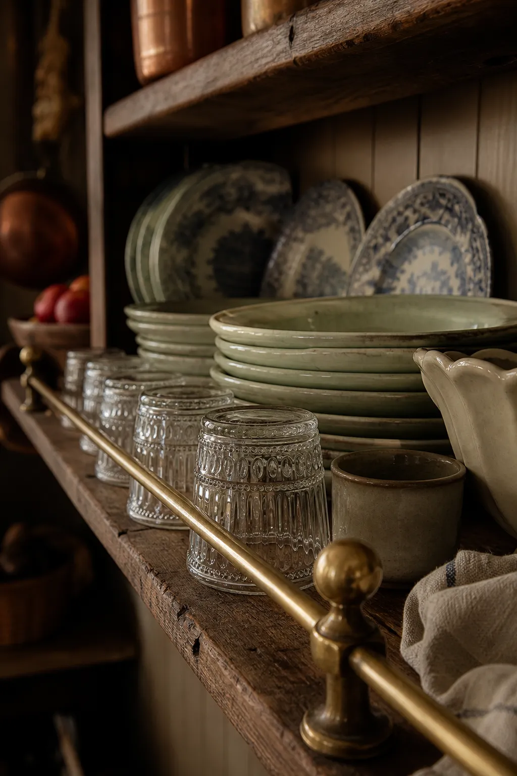Rustic ceramic dishes displayed securely behind an ornate gallery rail