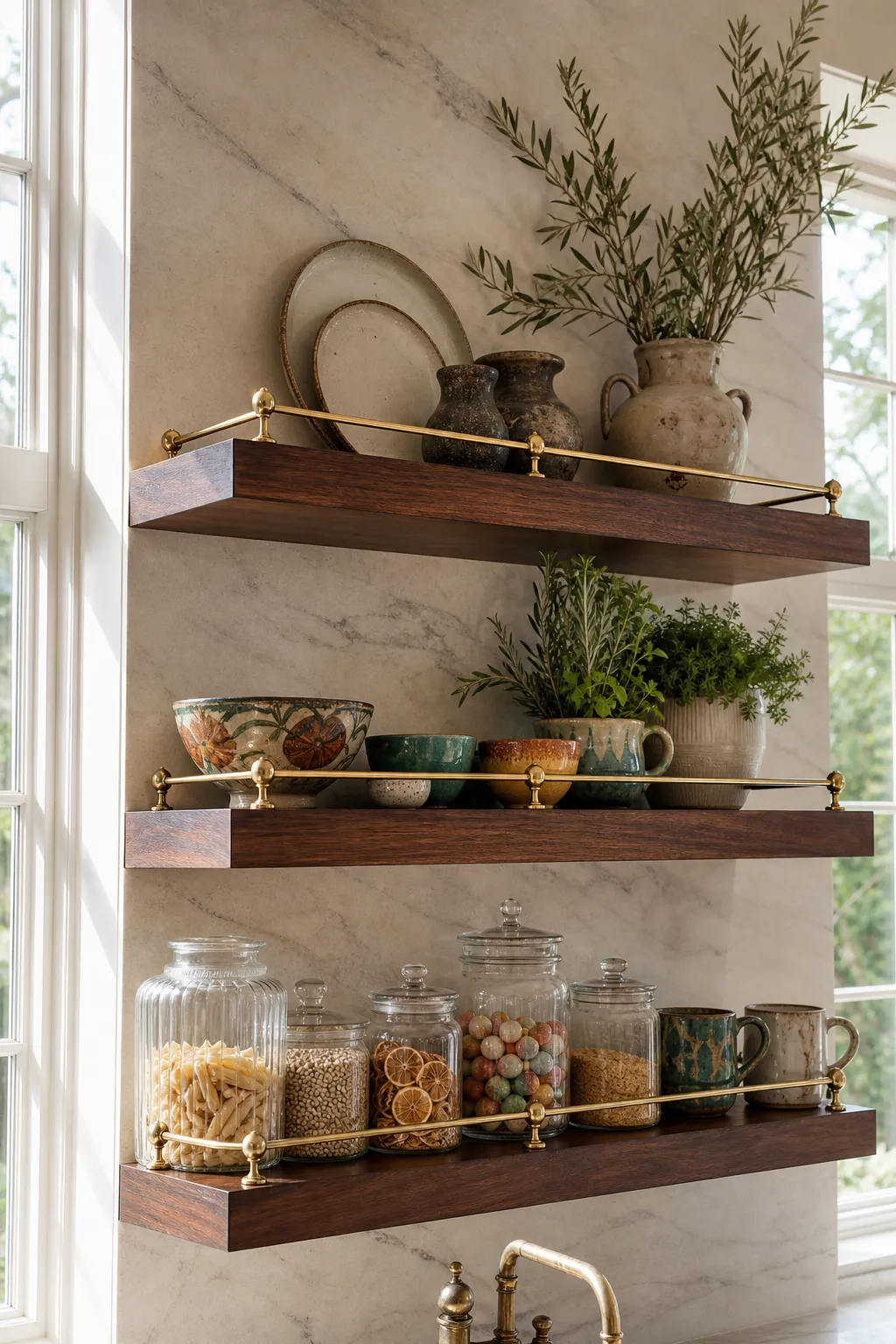 Walnut kitchen shelf with brass rail displaying ceramics, glassware, and collected objects