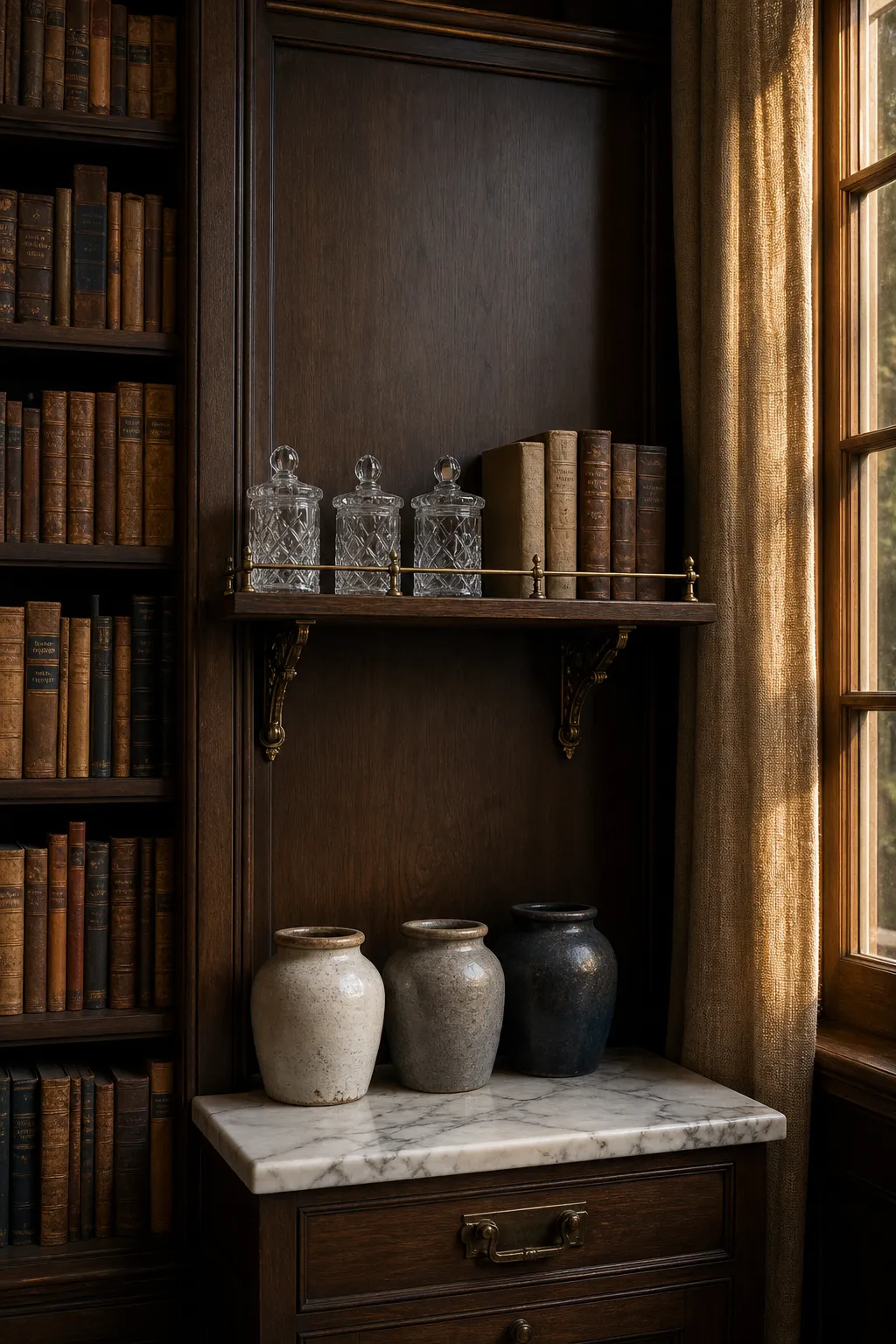 Cozy library nook with books and artwork displayed behind a heritage brass rail