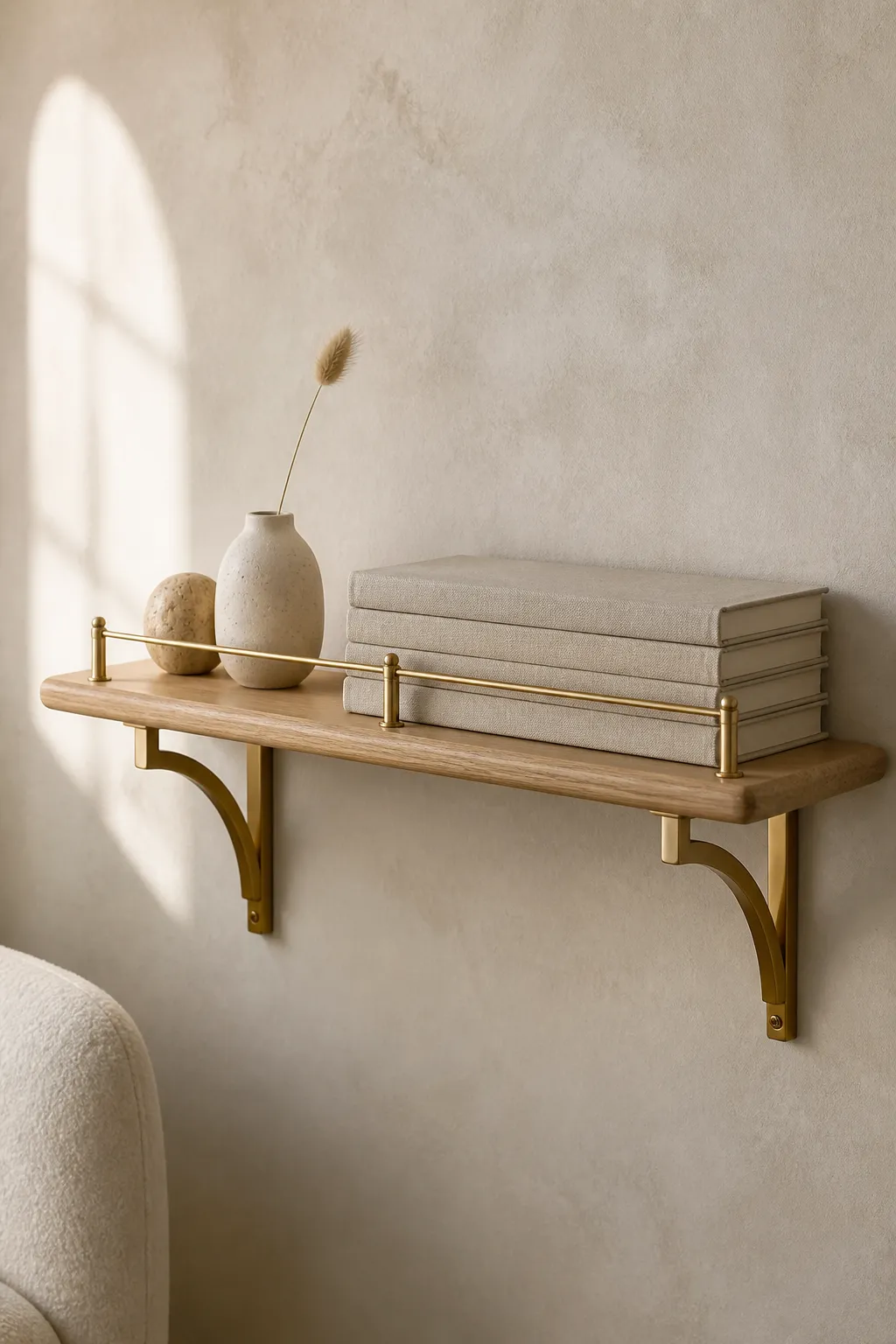 Slim oak wall ledge with brass rail fitted into a small wall space