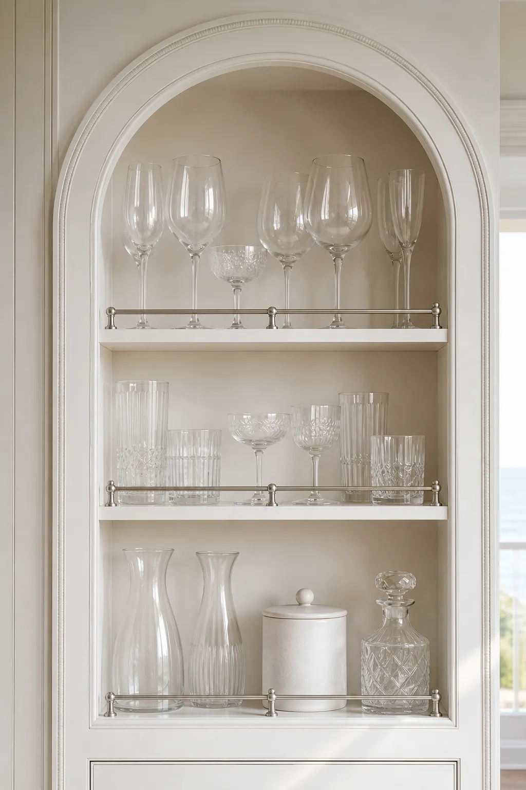 Clear glassware arranged on bright open shelves finished with silver rails