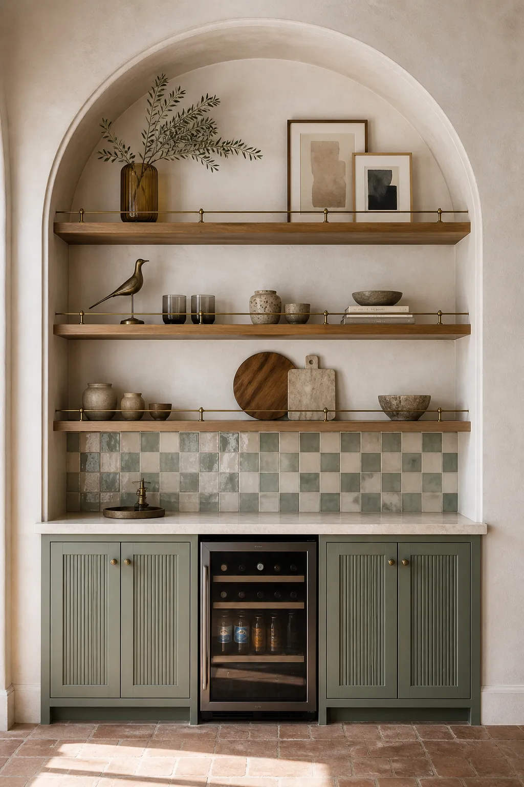 Arched built-in wall niche with curved shelves displaying books and decorative objects