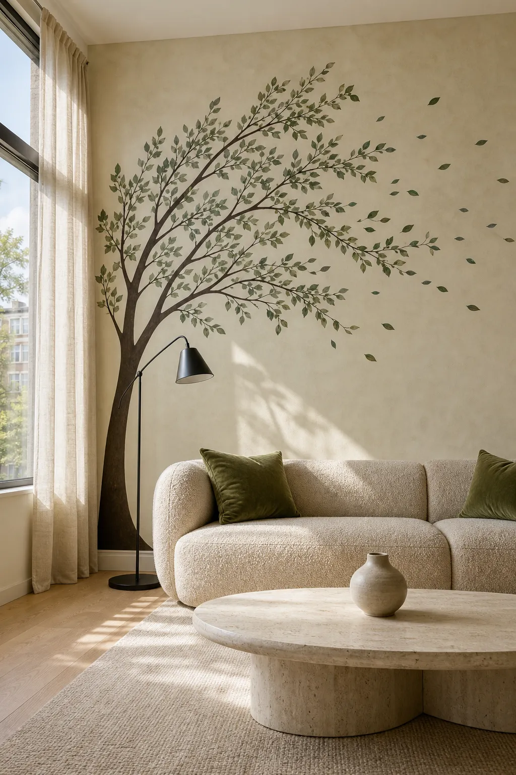 Black windblown tree silhouette wall decal stretching across a light living room wall