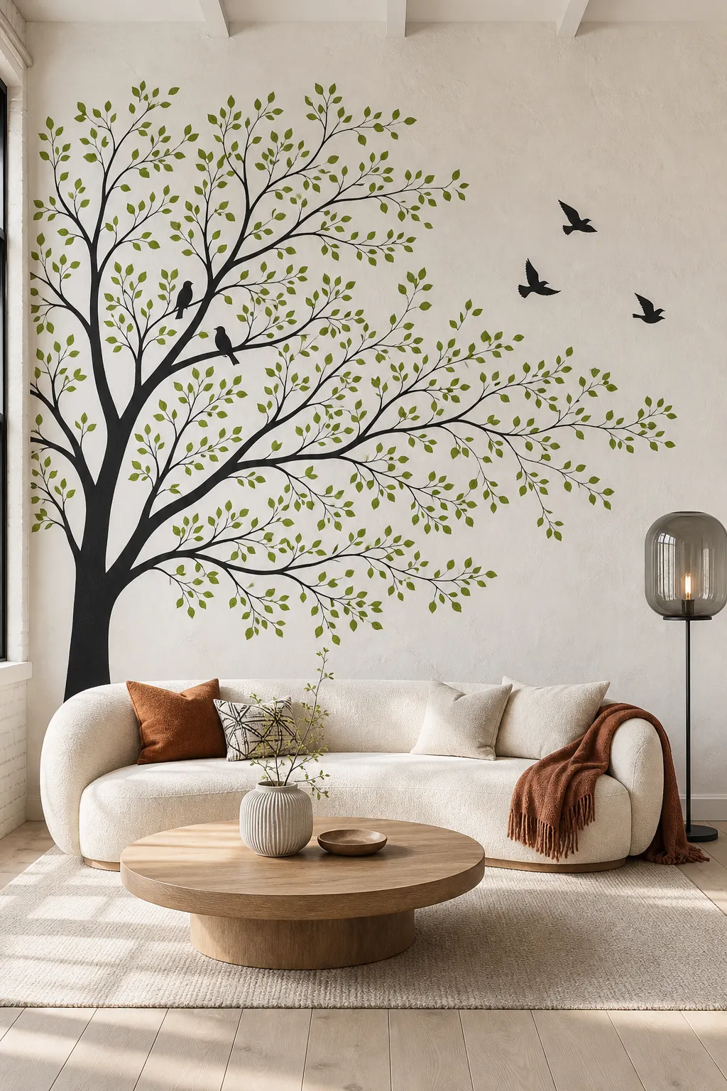 Green tree wall decal with colorful playful birds in a bright family room