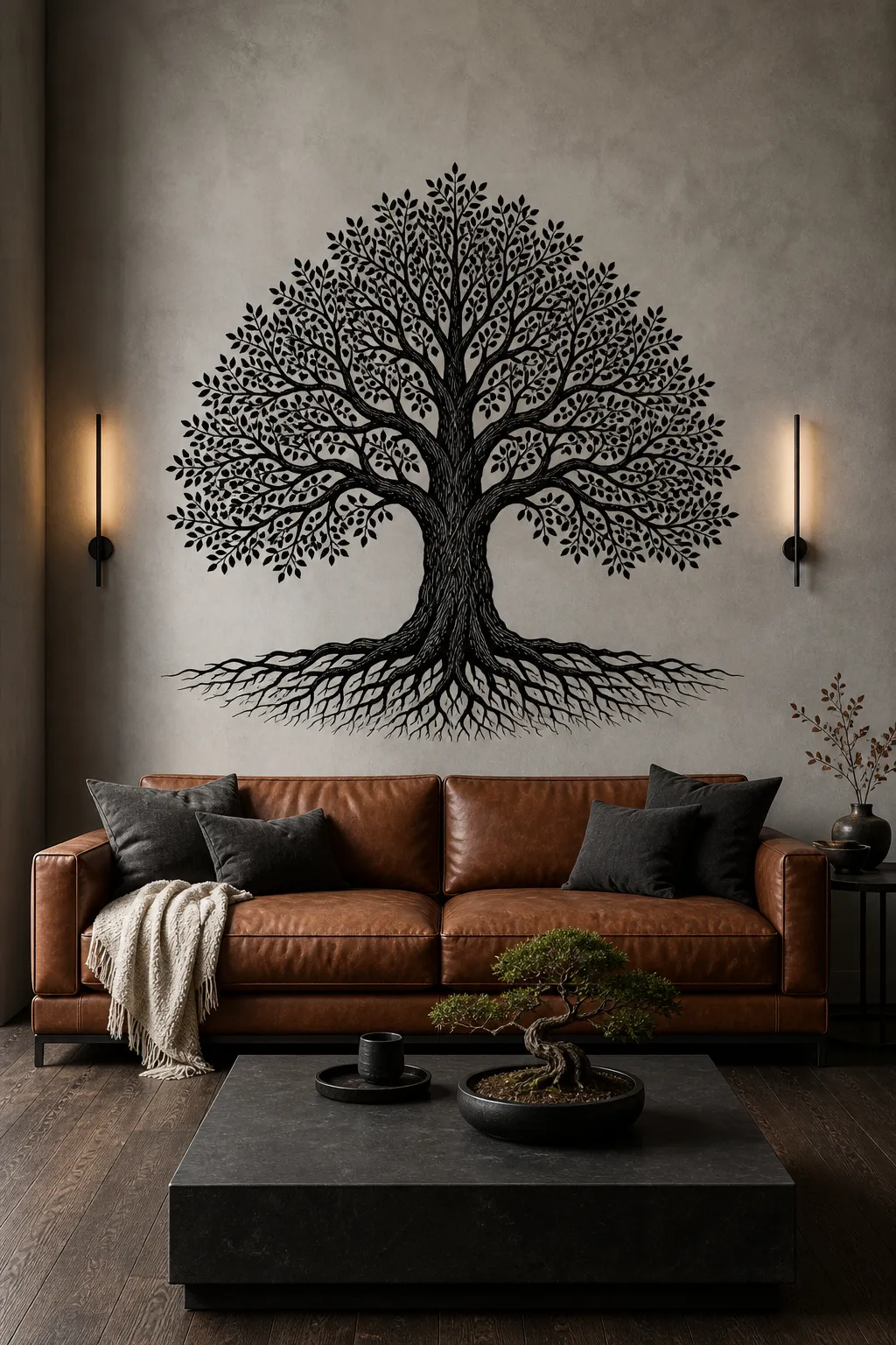 Large black heritage tree wall decal creating a dramatic living room focal point
