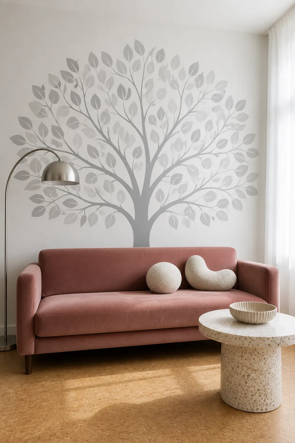 Soft gray tree canopy wall decal above a neutral lounge sofa