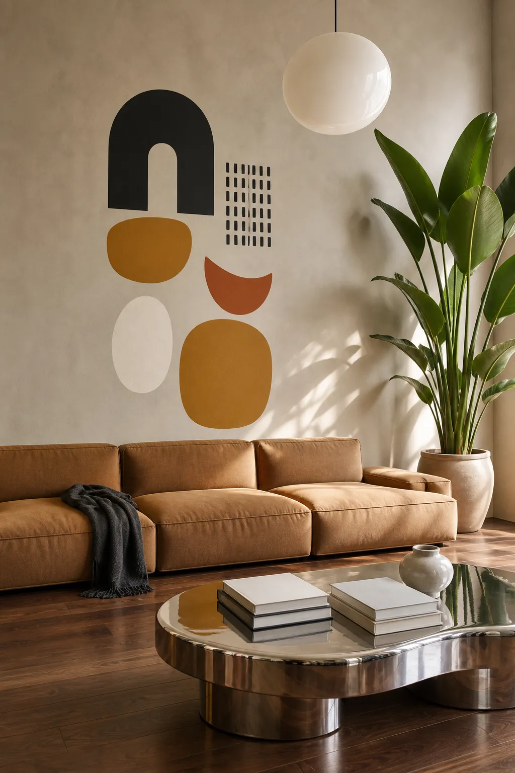 Abstract mustard wall decals arranged above contemporary neutral furniture