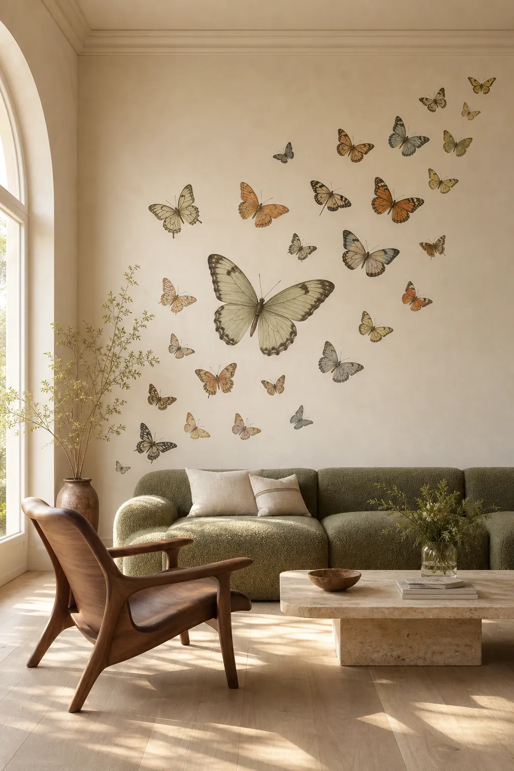 Delicate vintage-style butterfly wall decals fluttering across a pale wall