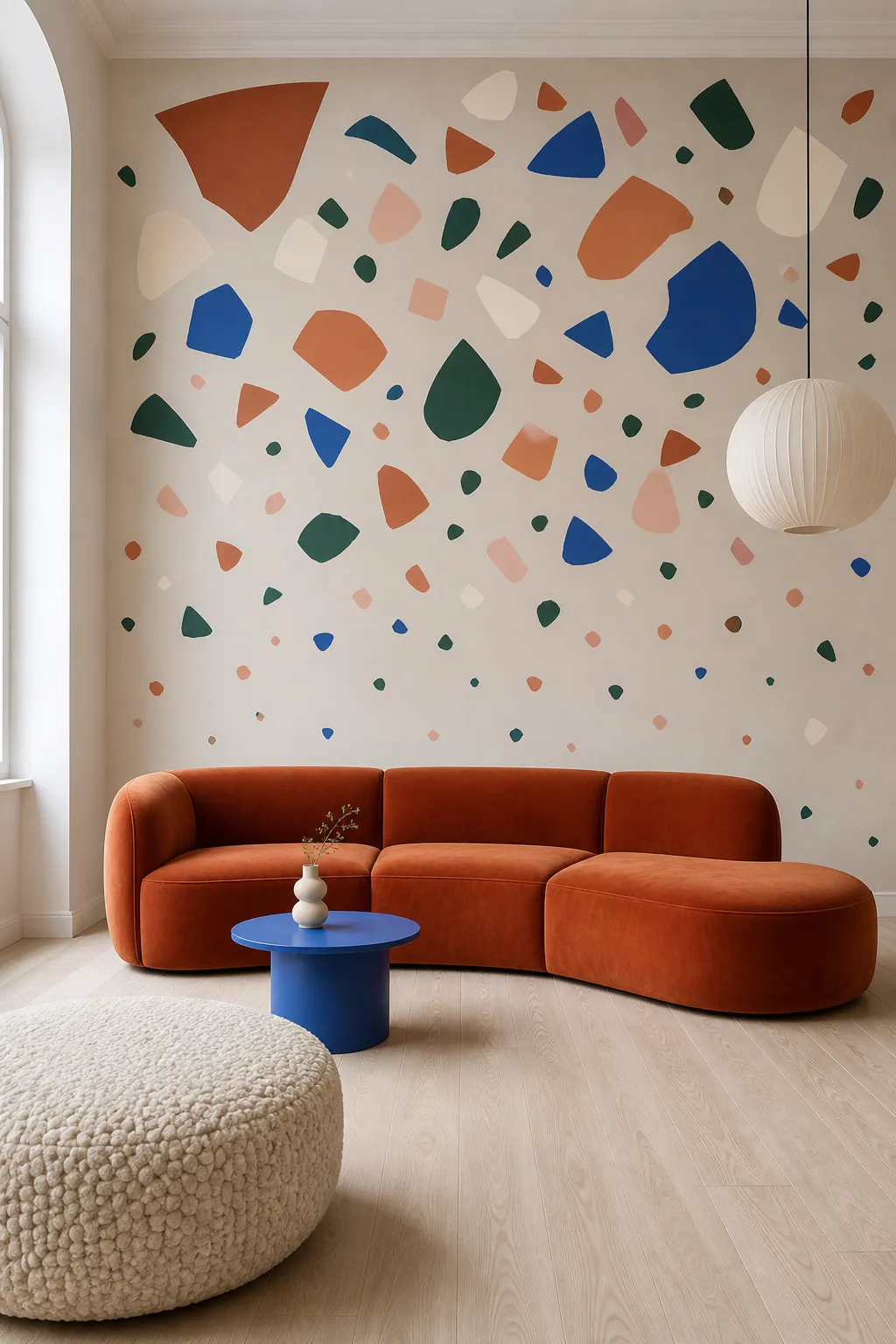 Colorful terrazzo-inspired wall decal shapes scattered across a modern interior