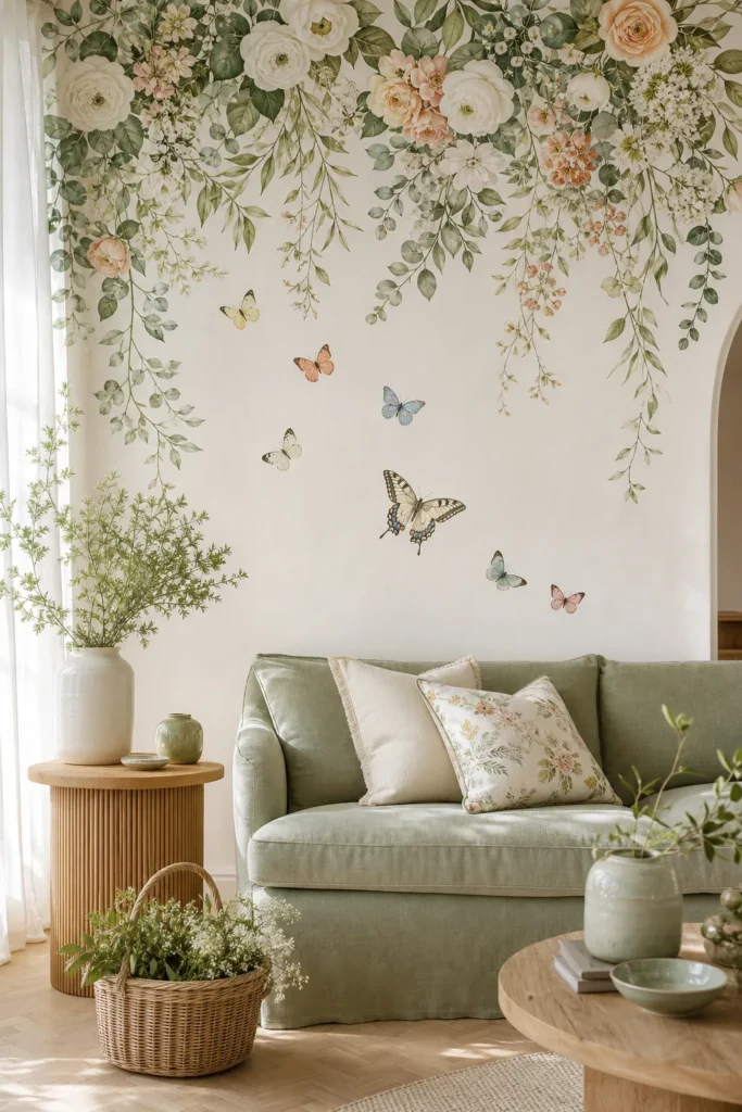 Watercolor garden wall decal with soft flowers and greenery in a serene room