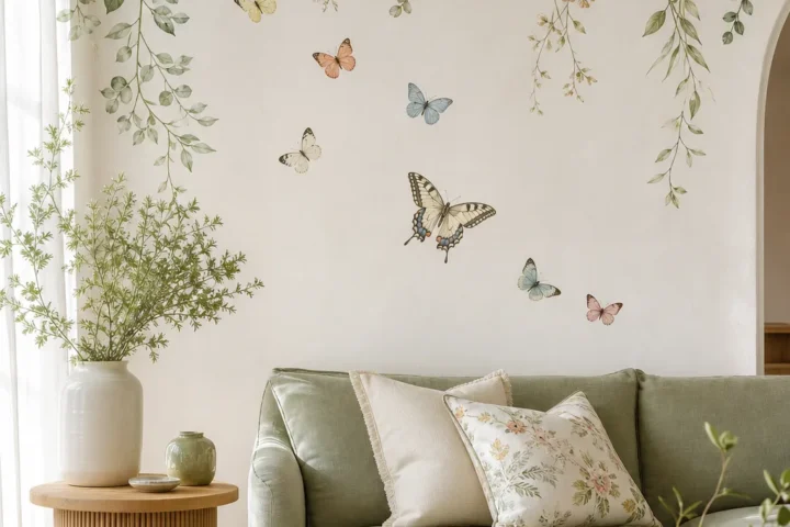 Watercolor garden wall decal with soft flowers and greenery in a serene room