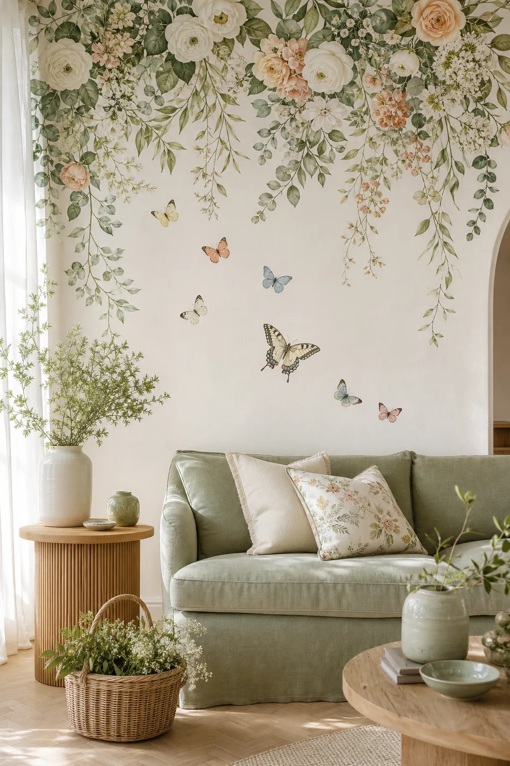 Watercolor garden wall decal with soft flowers and greenery in a serene room