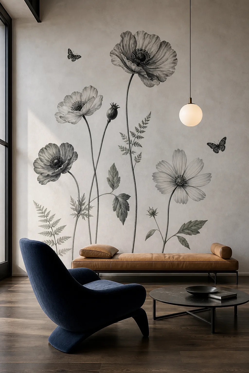 Large monochrome flower wall decals decorating an elegant neutral interior
