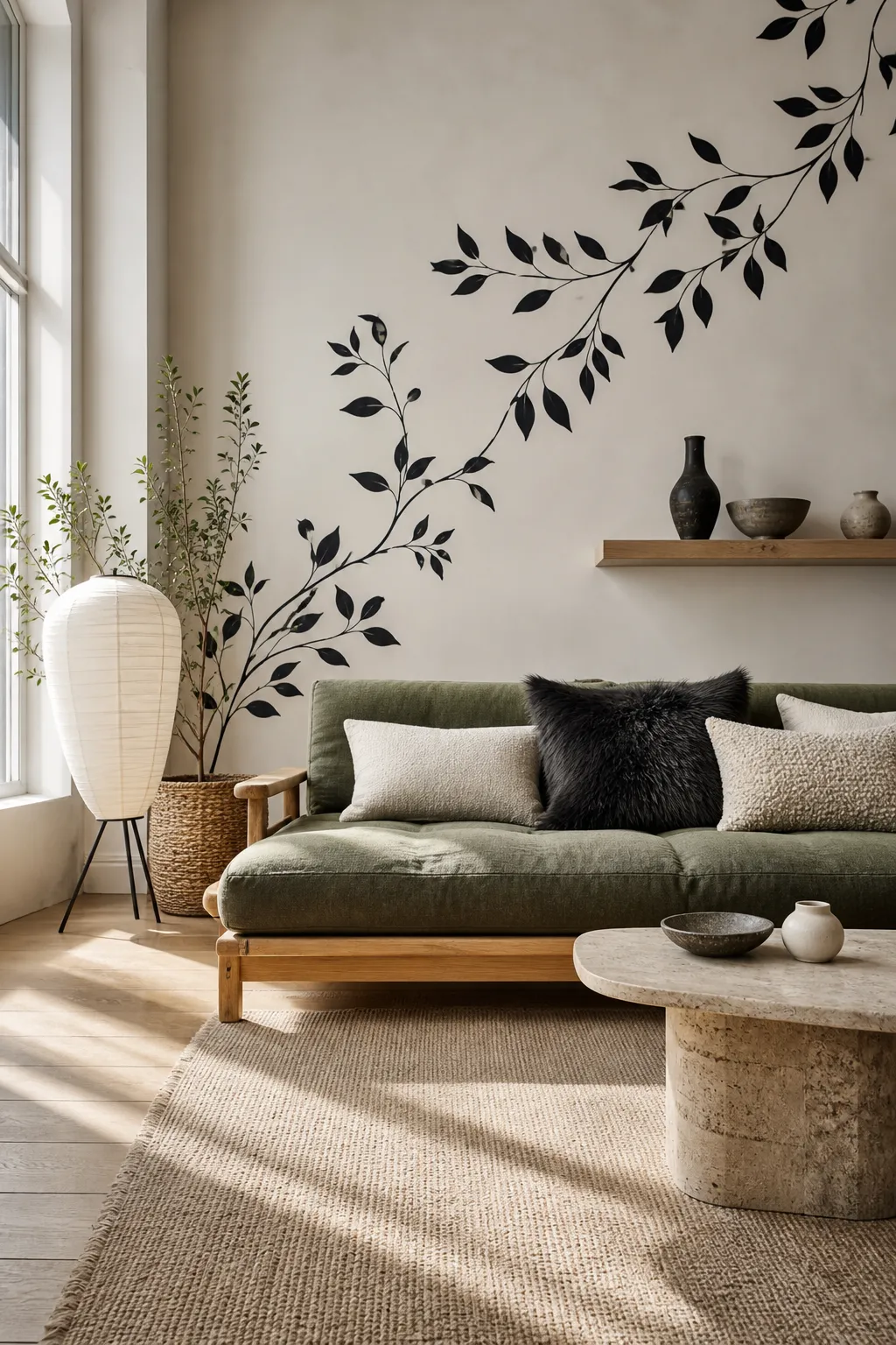 Black botanical branch wall decals framing a light-colored living room sofa