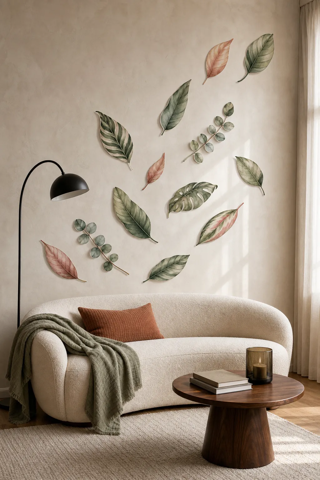 Floating watercolor leaf decals spaced lightly across a bright wall