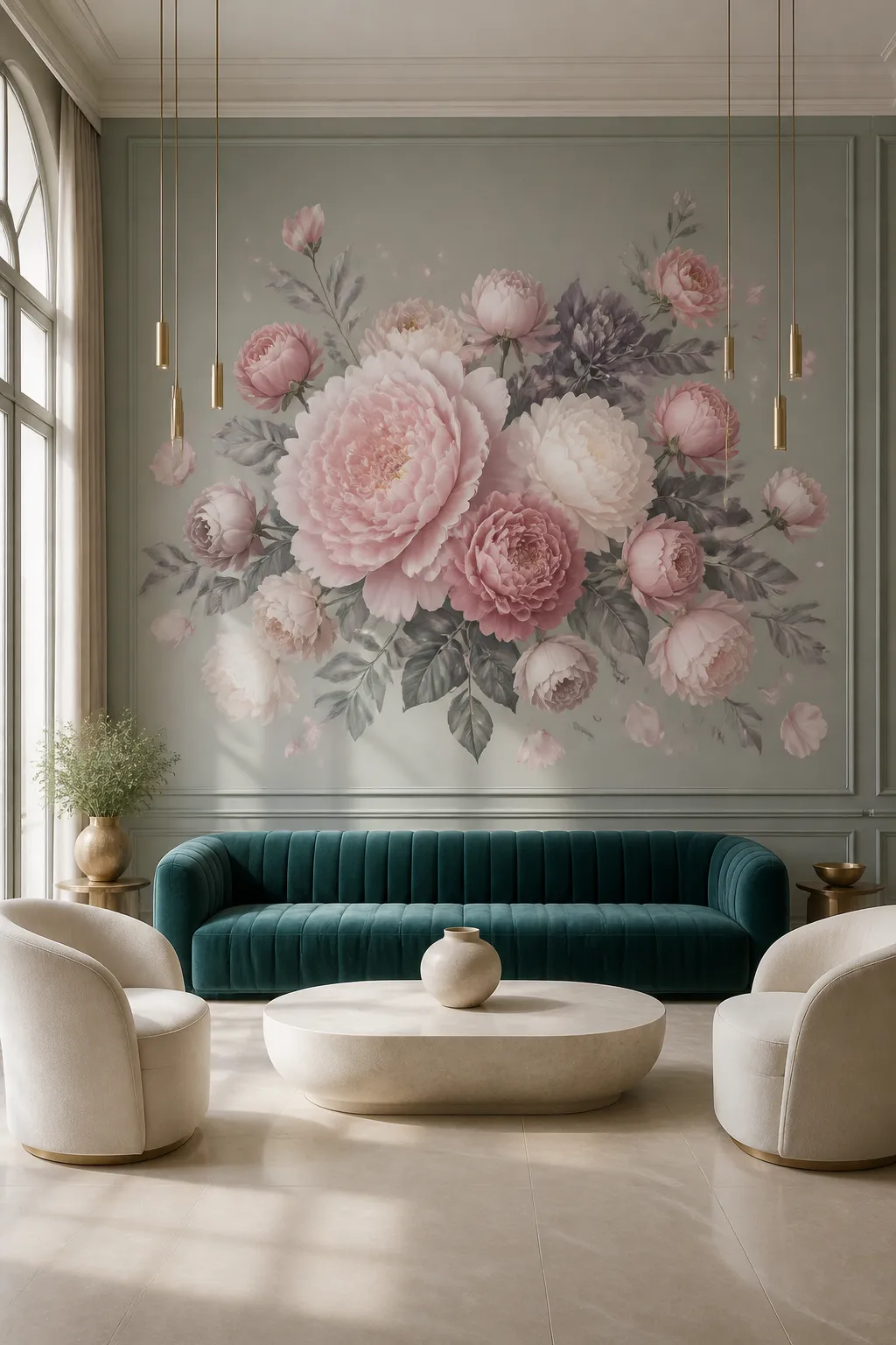 Oversized blush peony wall decals forming a romantic bedroom focal point