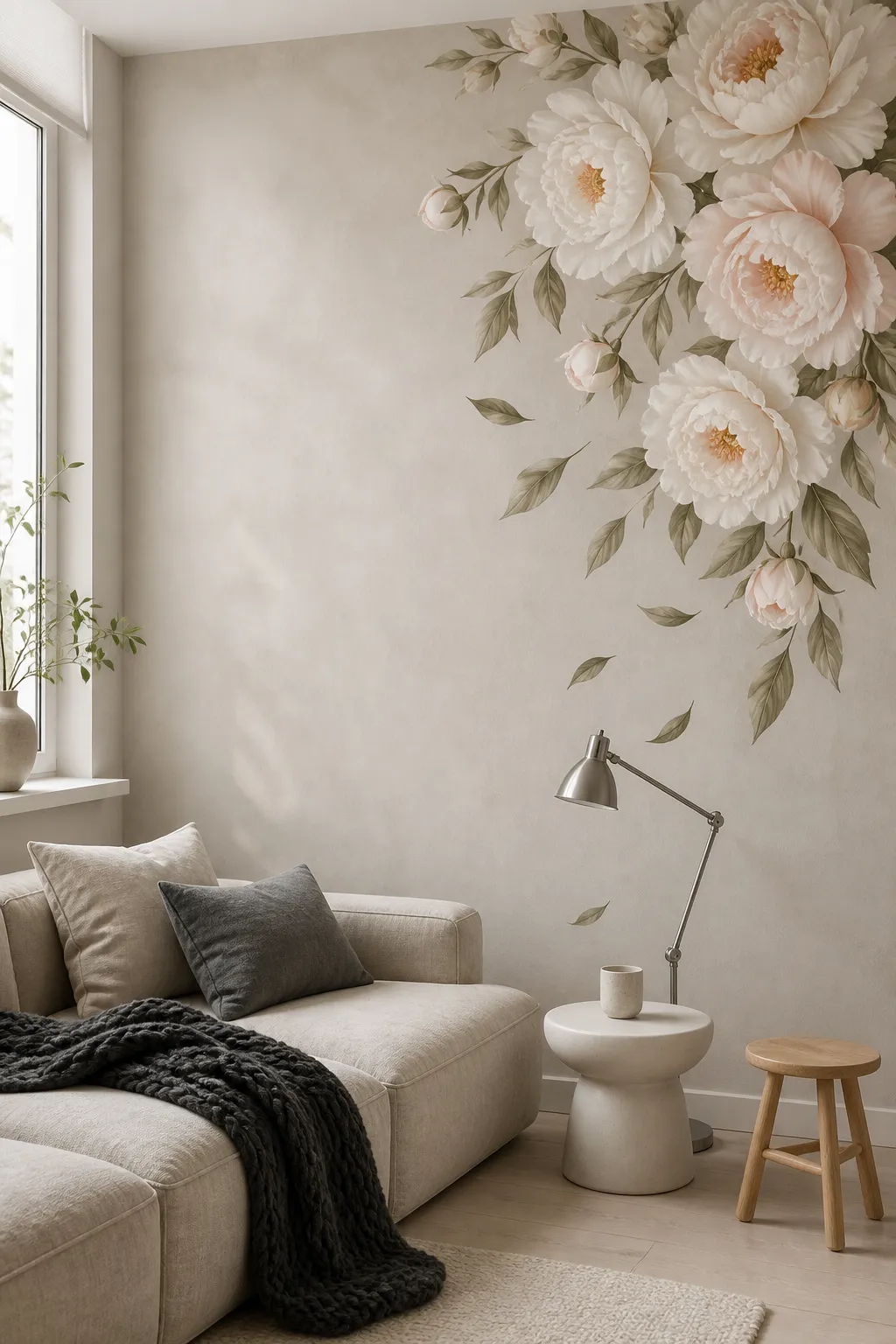 Cascading peony wall decal flowing down an otherwise empty room corner