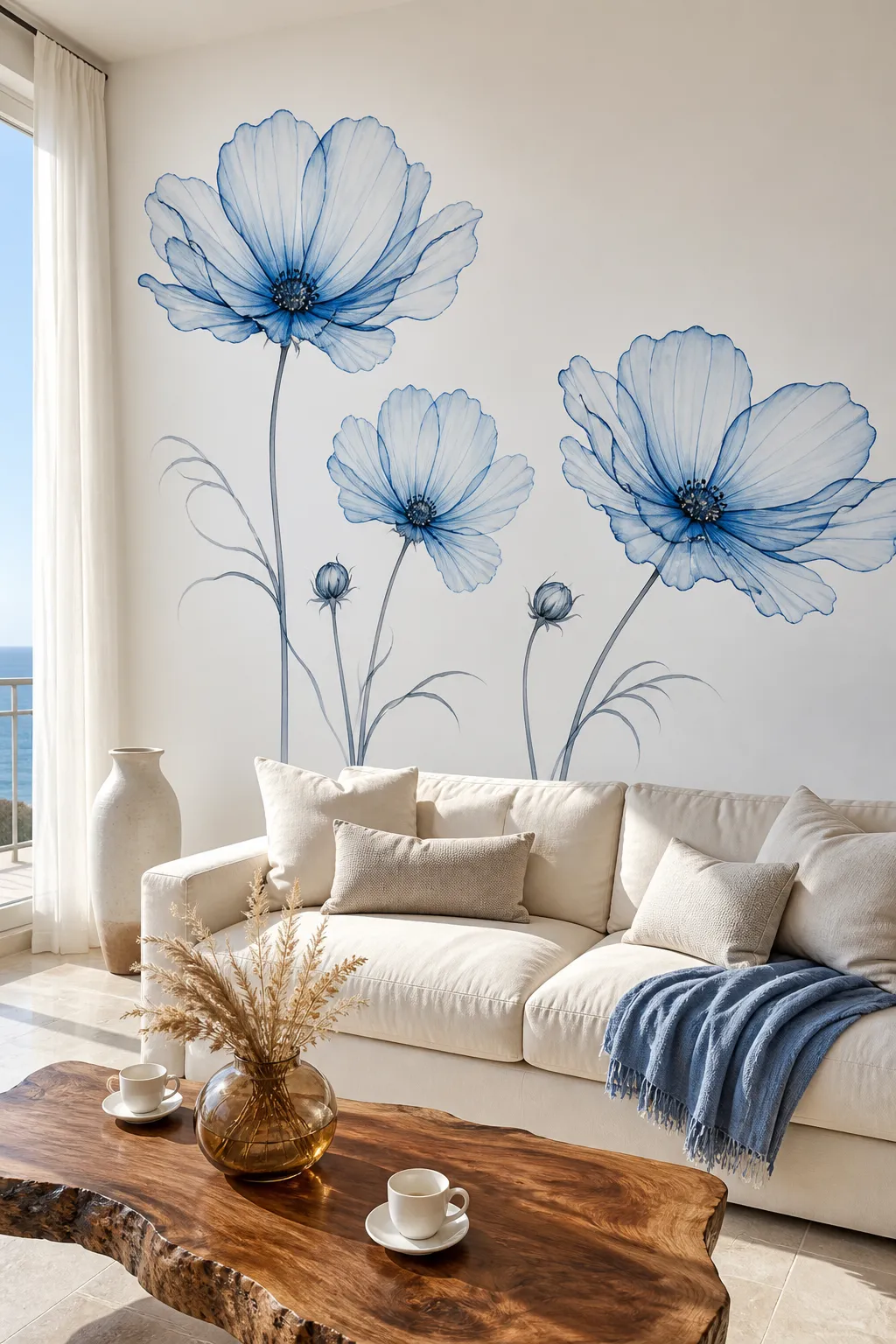 Blue line-art flower wall decals adding subtle color to a minimalist room
