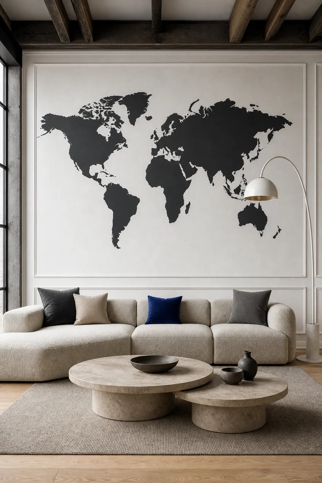 Black world map wall decal displayed above a travel-inspired living room arrangement