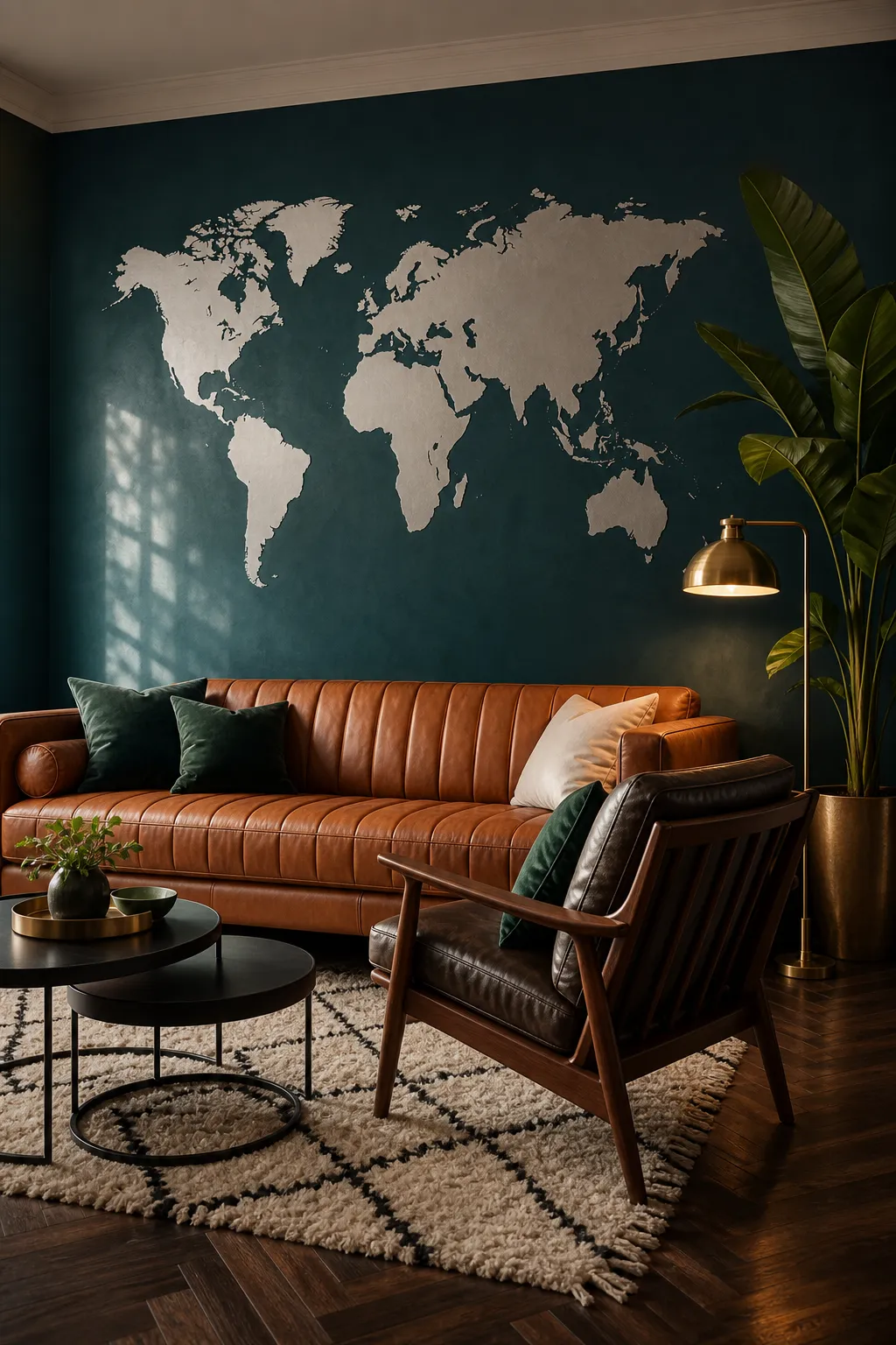 Silver world map wall decal contrasting with a moody teal feature wall