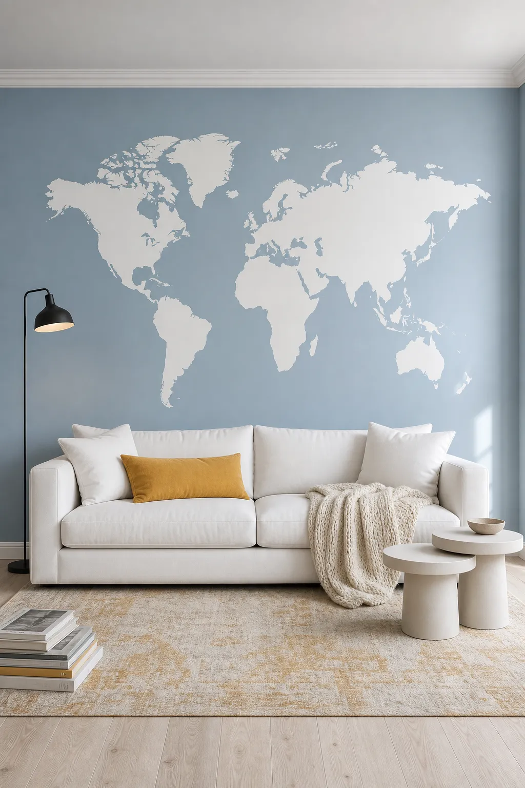 White world map wall decal brightening a rich blue wall