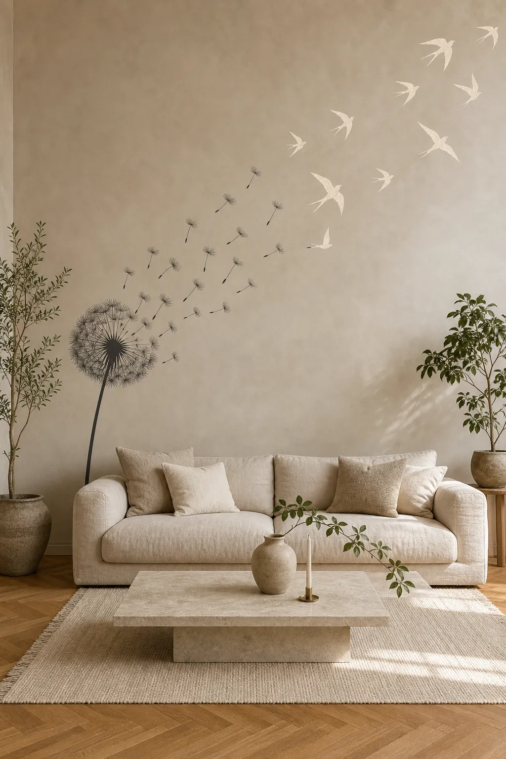 Dandelion wall decal with drifting seeds transforming into flying birds