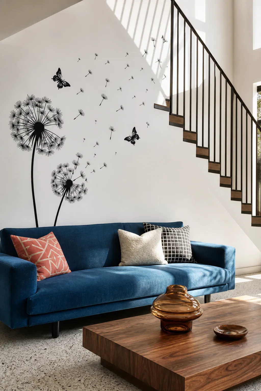 Black dandelion wall decal decorating the angled wall beneath a staircase