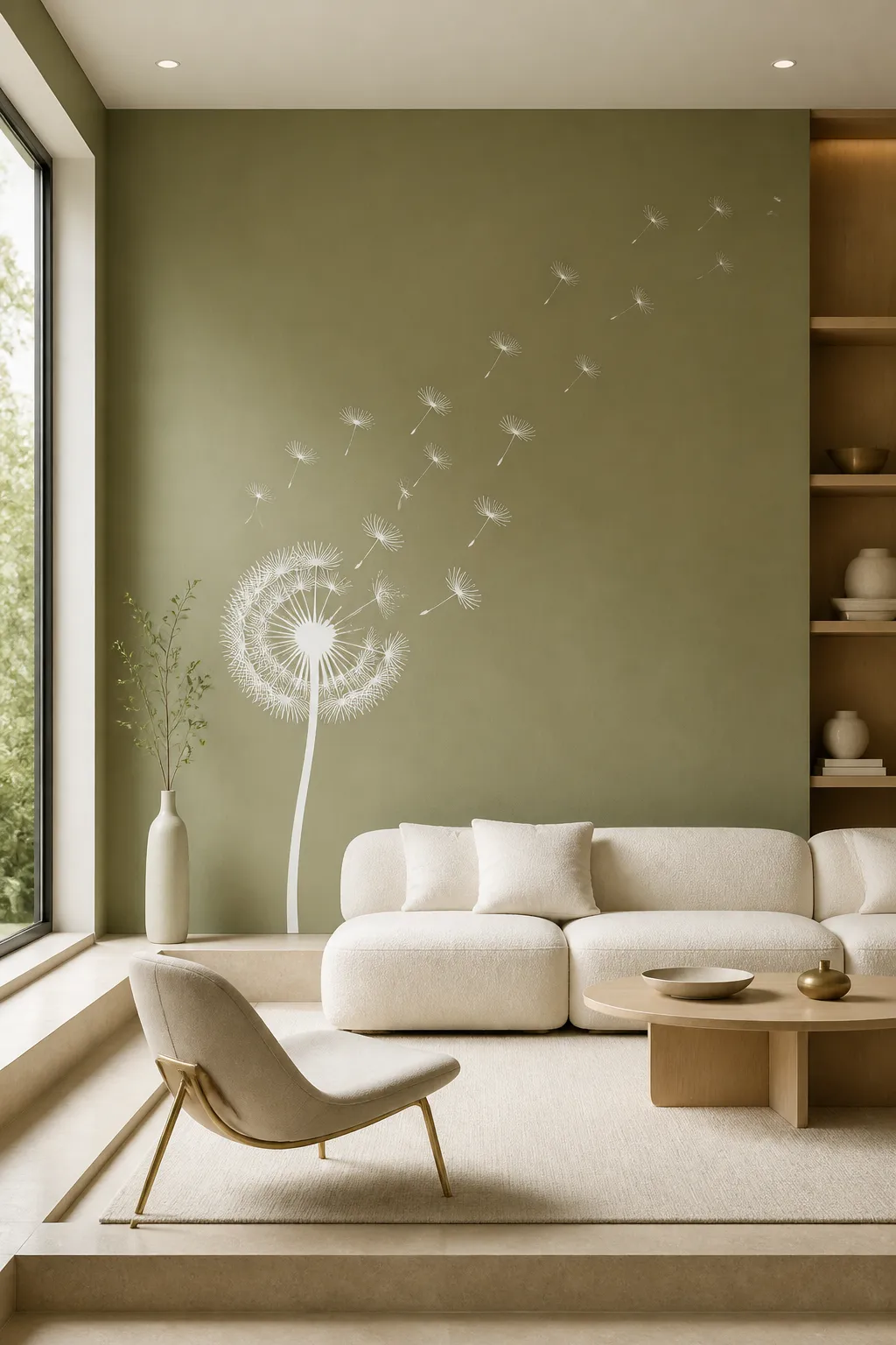 White dandelion wall decals adding contrast to a green living room wall