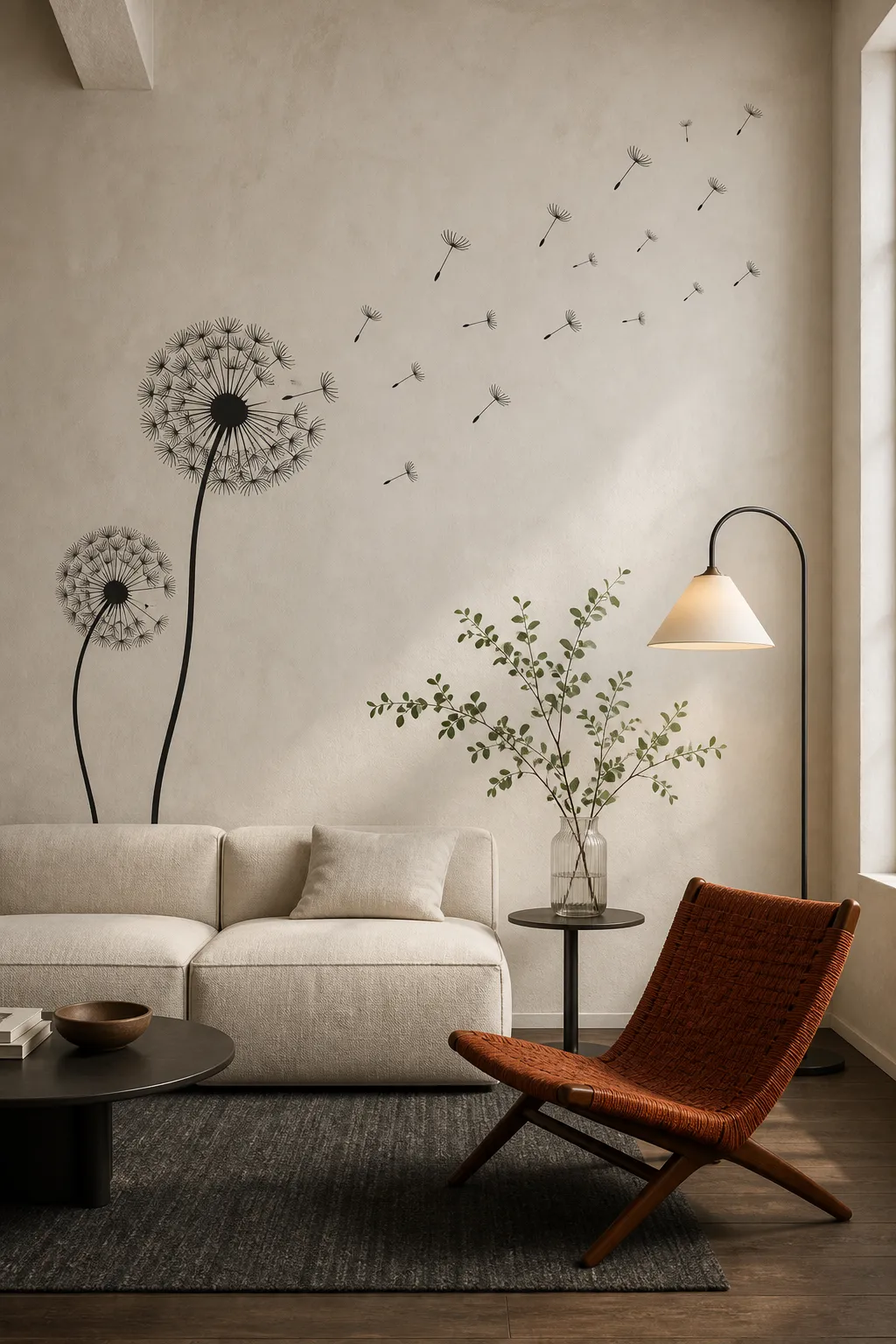 Graphic black dandelion decals decorating a modern lounge wall