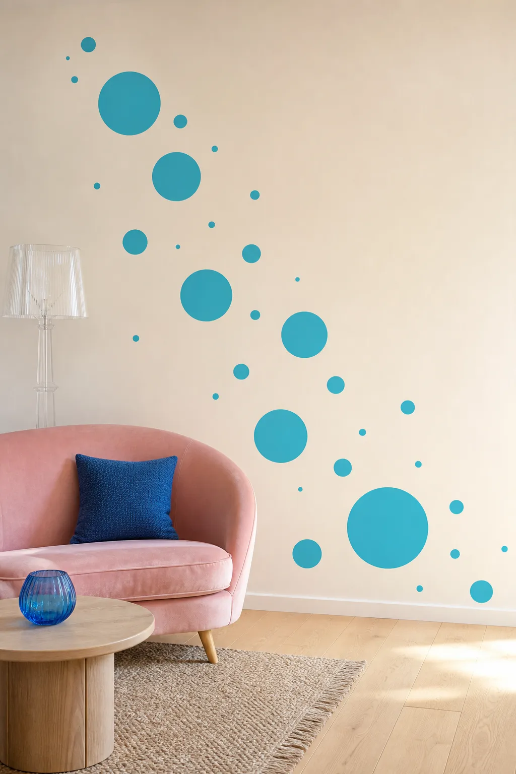 Playful blue bubble decals arranged across a casual room wall