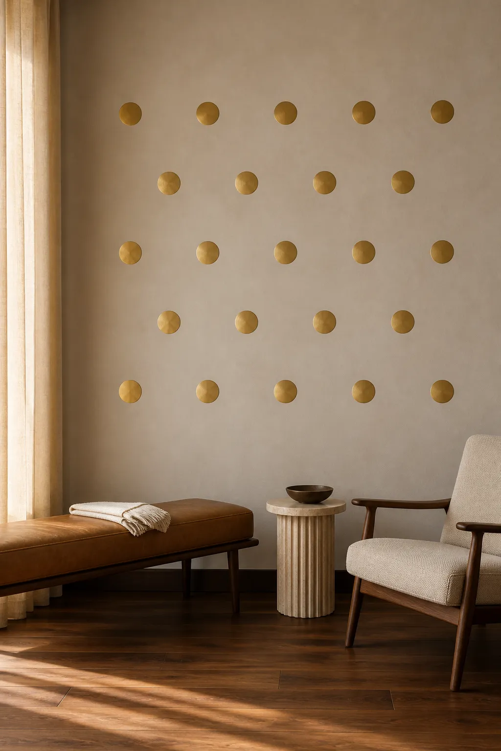 Minimal gold dot decals adding a refined accent to a neutral wall