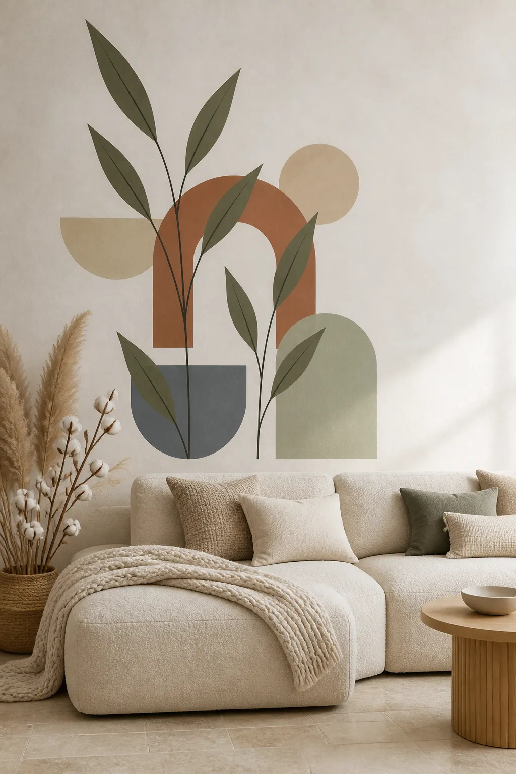 Abstract botanical wall decals layered into an organic modern composition